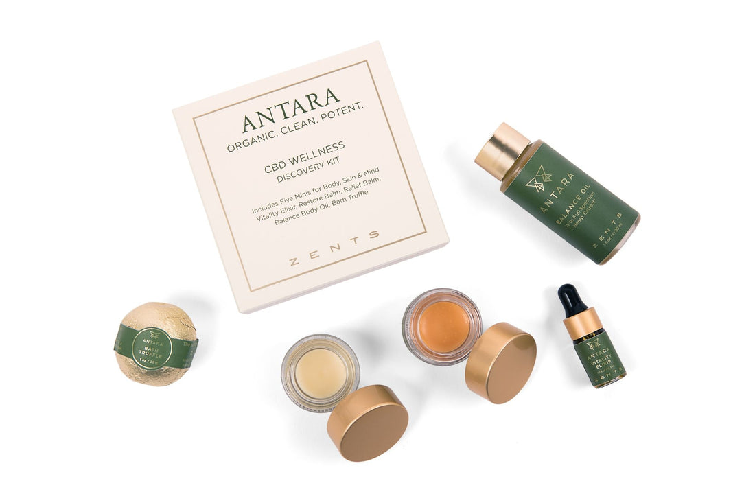 Box of Antara Discovery Kit with five mini samples, including CBD Bath Truffle, Restore Balm, Relief Balm Balance Oil and Vitality Elixir mini